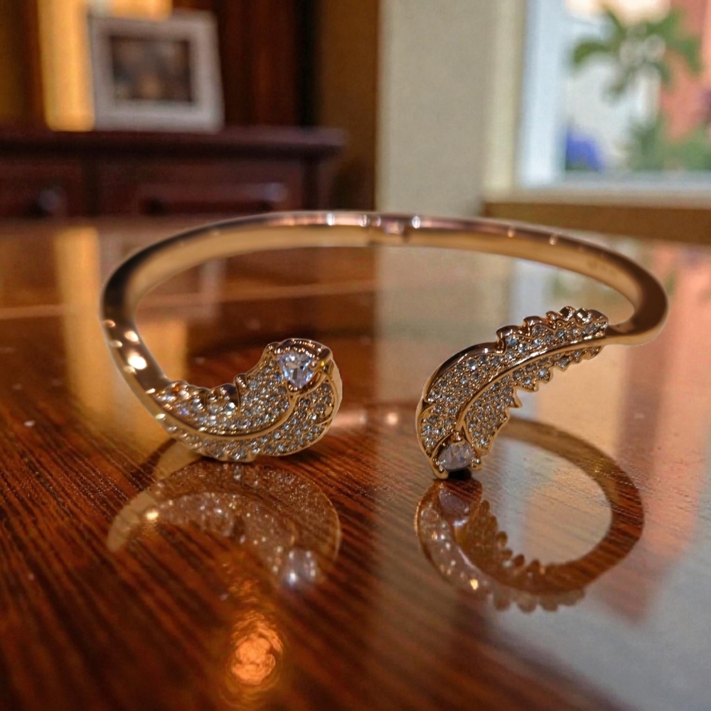 Swarovski Idyllia Bangle Bracelet, Feather Motif, White Crystals, Rose Gold-tone